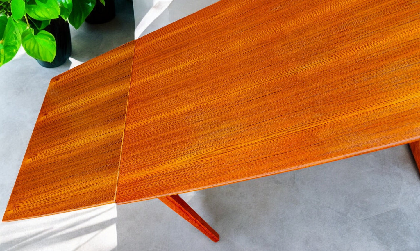 REFINISHED Danish MCM Teak Table Draw Leaf Surfboard Shape by DYRLUND 59"-102"