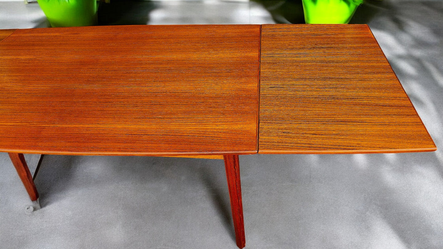 REFINISHED Danish MCM Teak Table Draw Leaf Surfboard Shape by DYRLUND 59"-102"