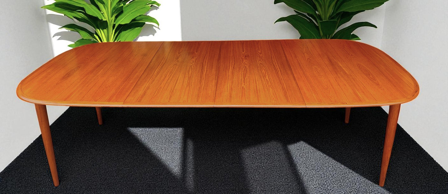 REFINISHED Danish MCM Teak Table w 2 Leaves Selfstoring 59.5"-98"