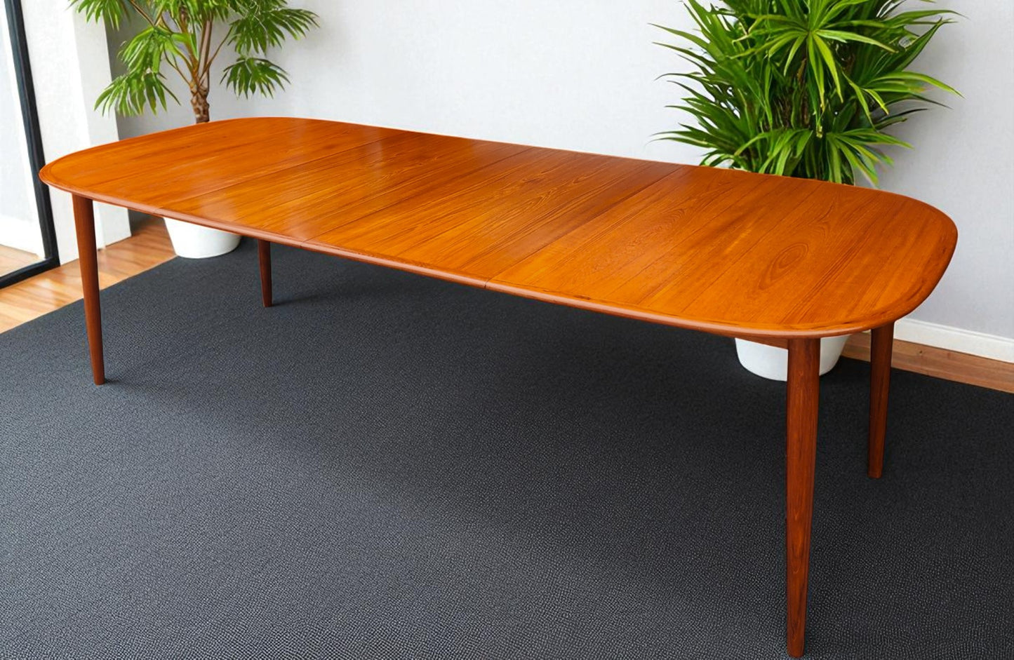 REFINISHED Danish MCM Teak Table w 2 Leaves Selfstoring 59.5"-98"