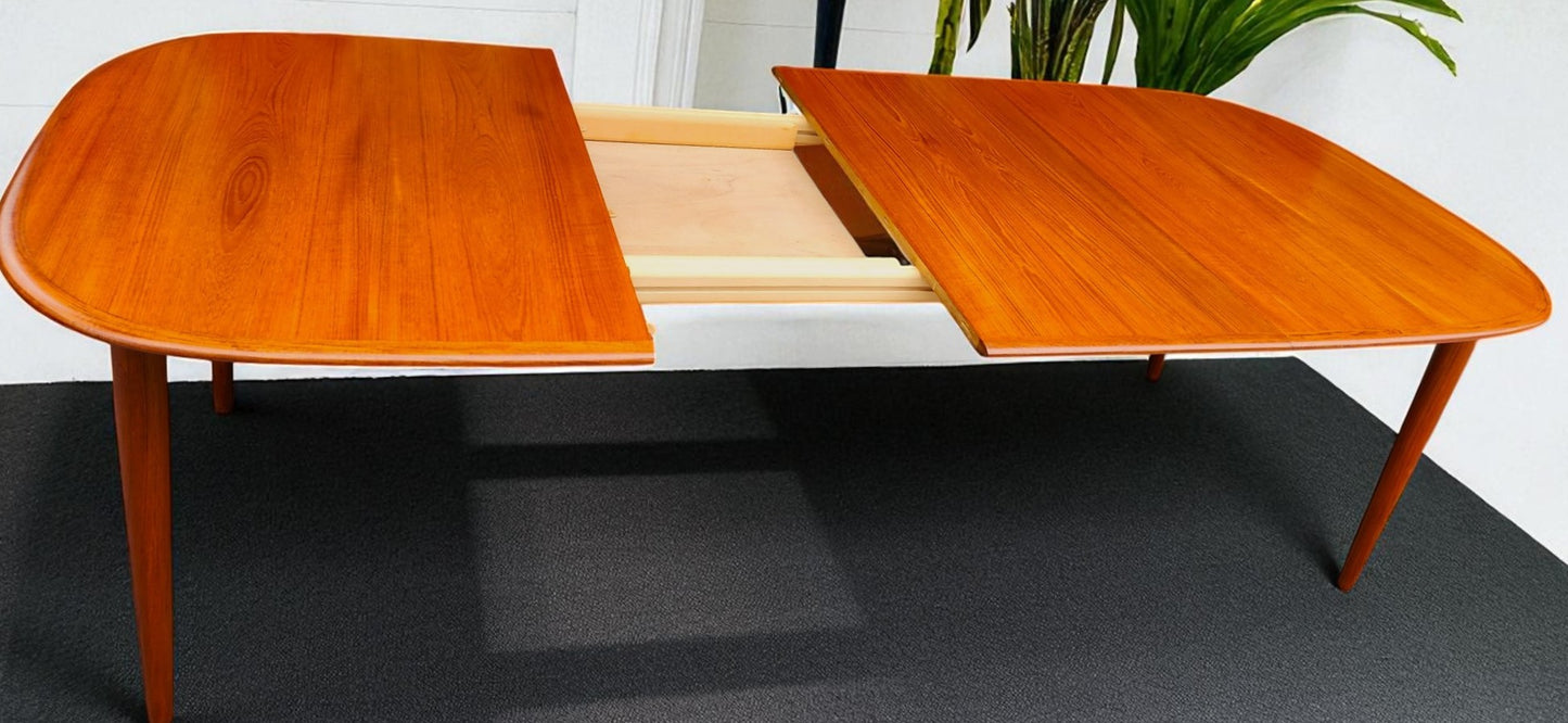 REFINISHED Danish MCM Teak Table w 2 Leaves Selfstoring 59.5"-98"