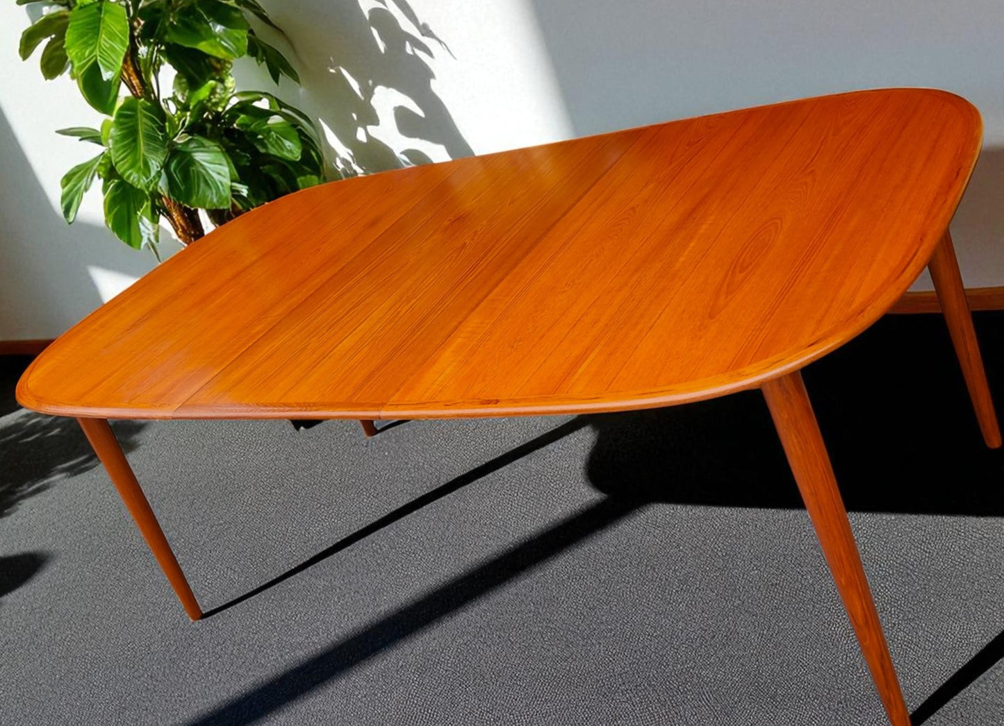 REFINISHED Danish MCM Teak Table w 2 Leaves Selfstoring 59.5"-98"