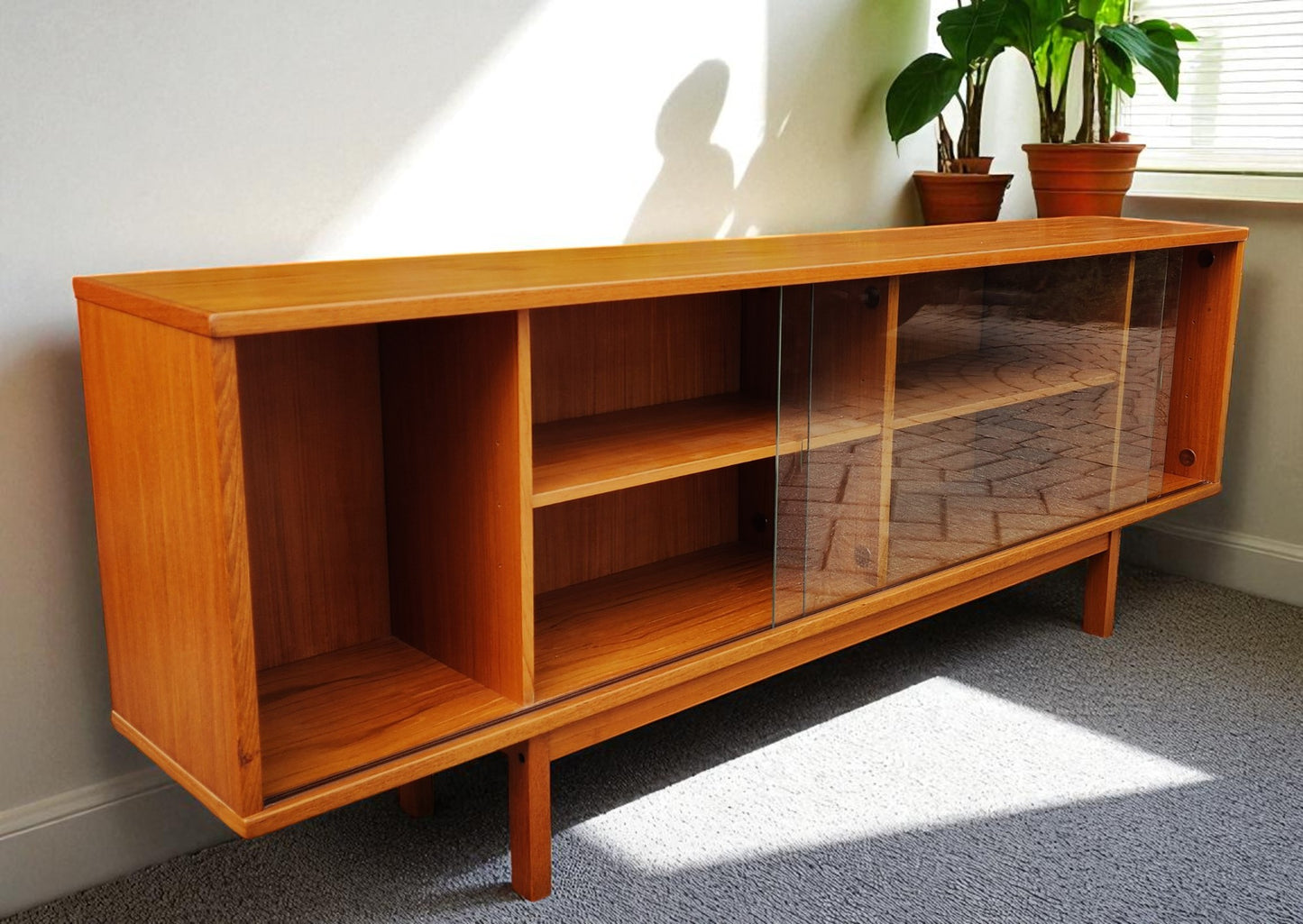 RESTORED Danish MCM Teak Console by Svend Aage Larsen 65"w finished back