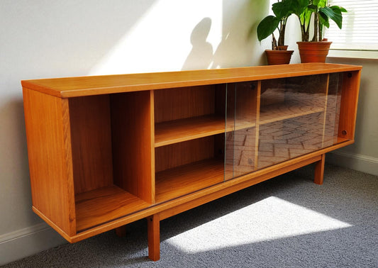 RESTORED Danish MCM Teak Console by Svend Aage Larsen 65"w finished back