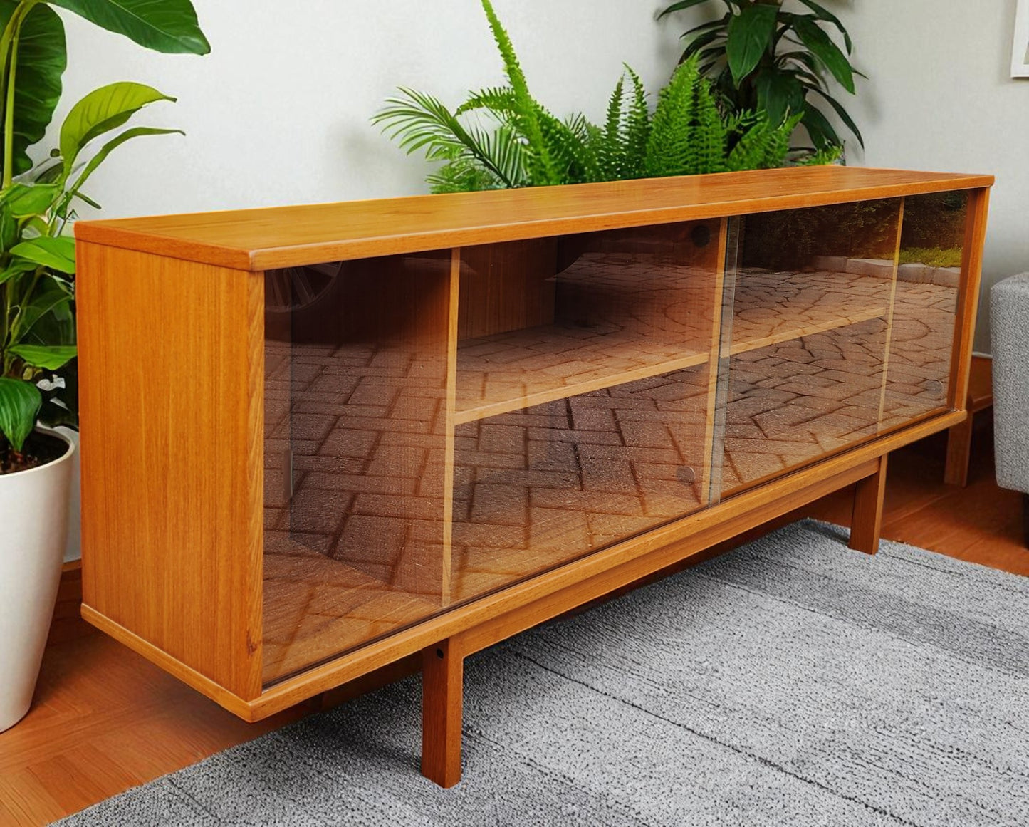 RESTORED Danish MCM Teak Console by Svend Aage Larsen 65"w finished back