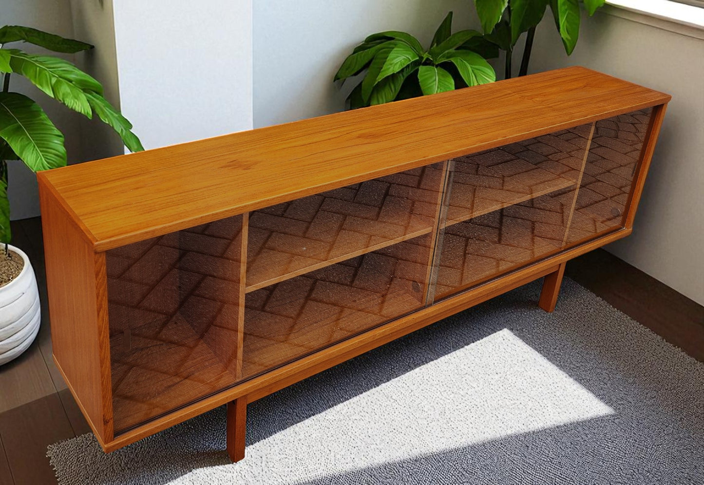 RESTORED Danish MCM Teak Console by Svend Aage Larsen 65"w finished back