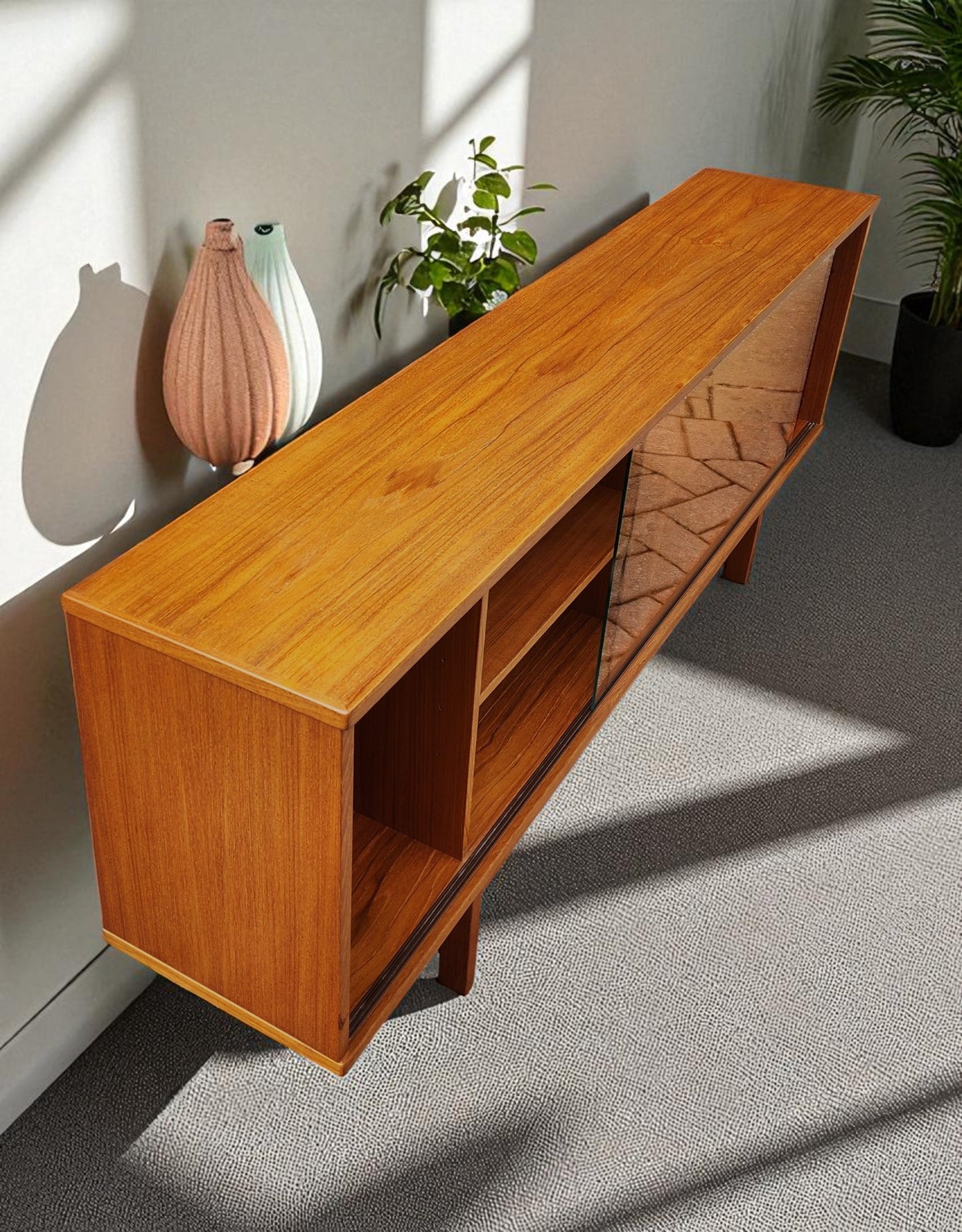 RESTORED Danish MCM Teak Console by Svend Aage Larsen 65"w finished back