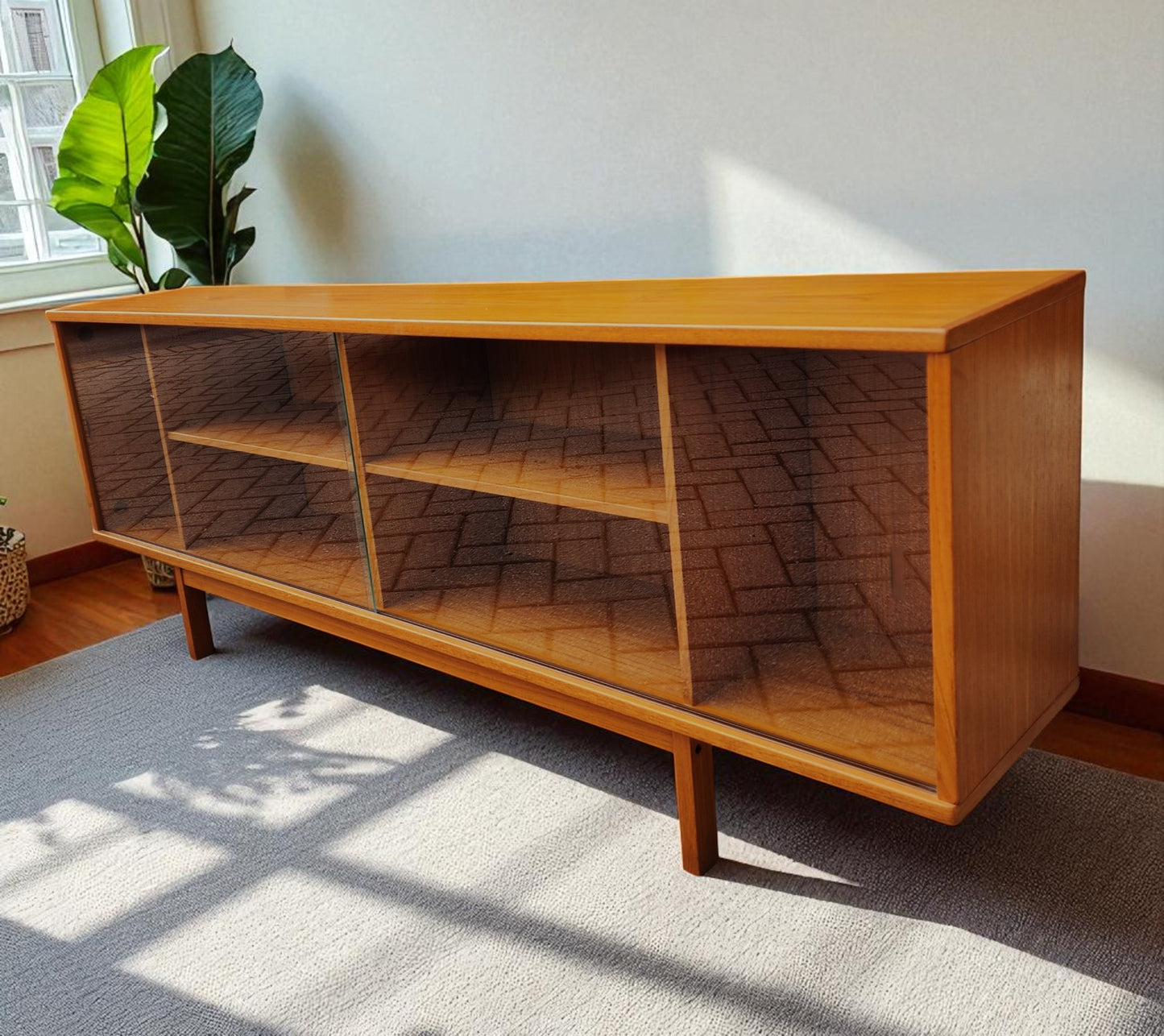 RESTORED Danish MCM Teak Console by Svend Aage Larsen 65"w finished back
