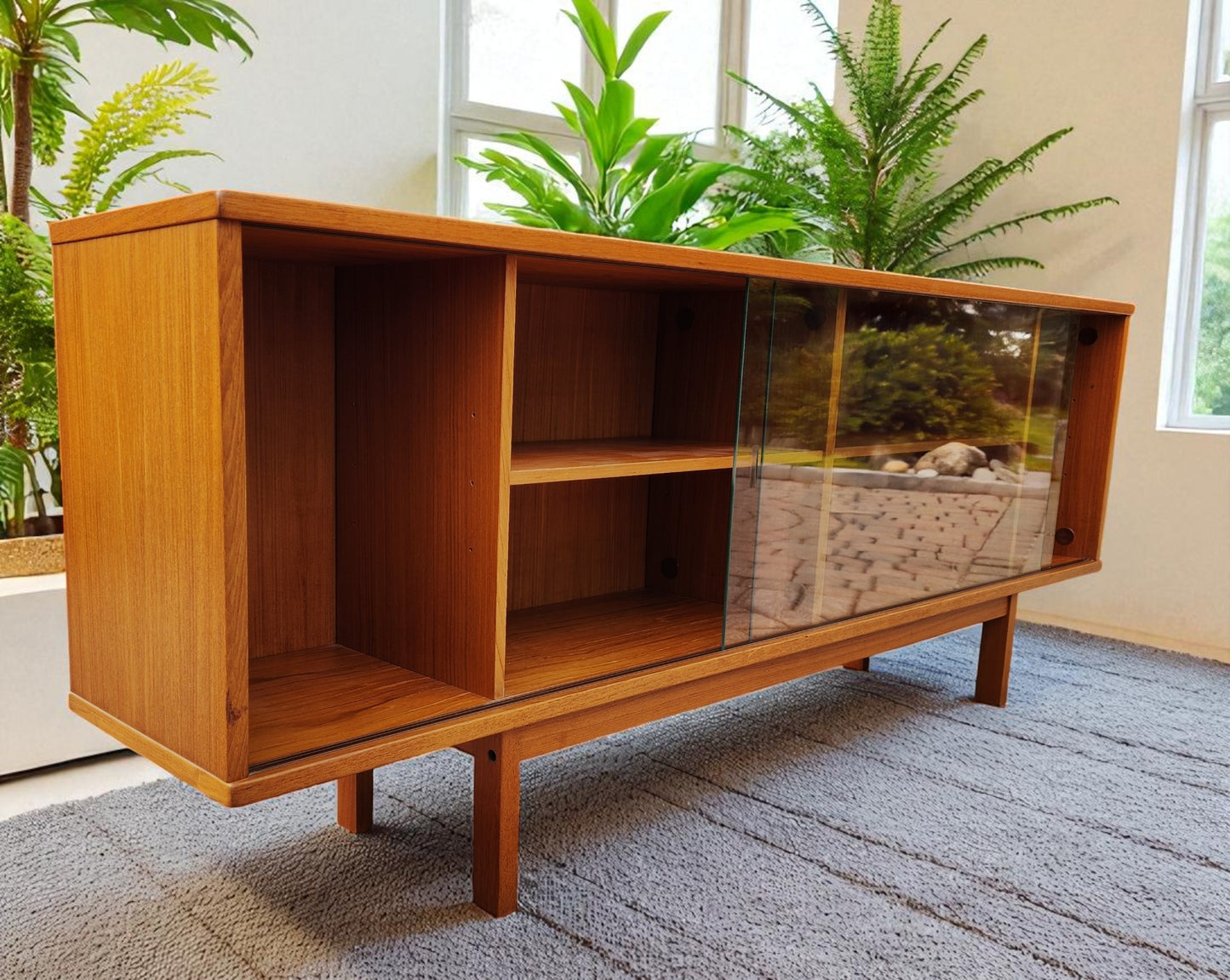 RESTORED Danish MCM Teak Console by Svend Aage Larsen 65"w finished back