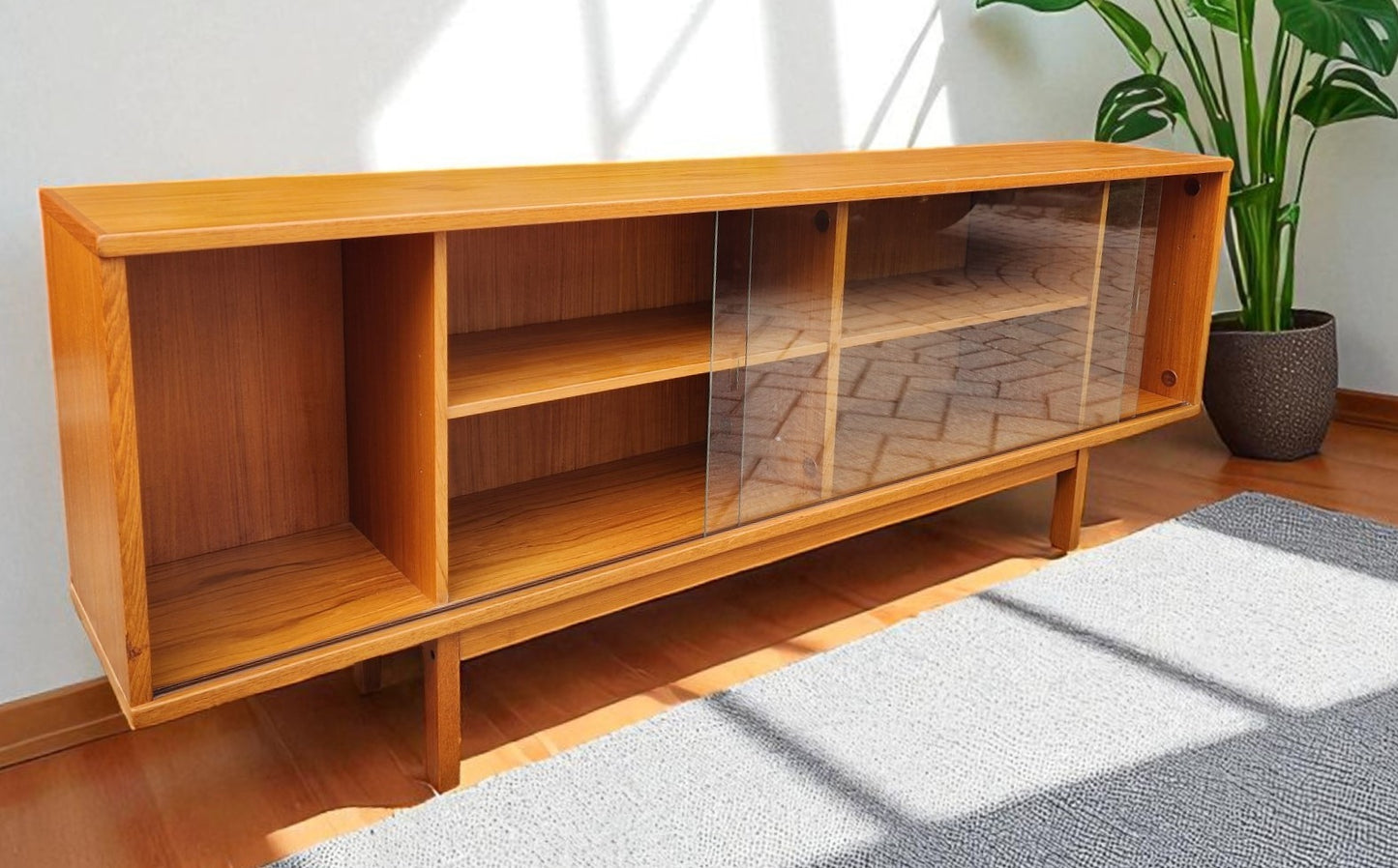 RESTORED Danish MCM Teak Console by Svend Aage Larsen 65"w finished back