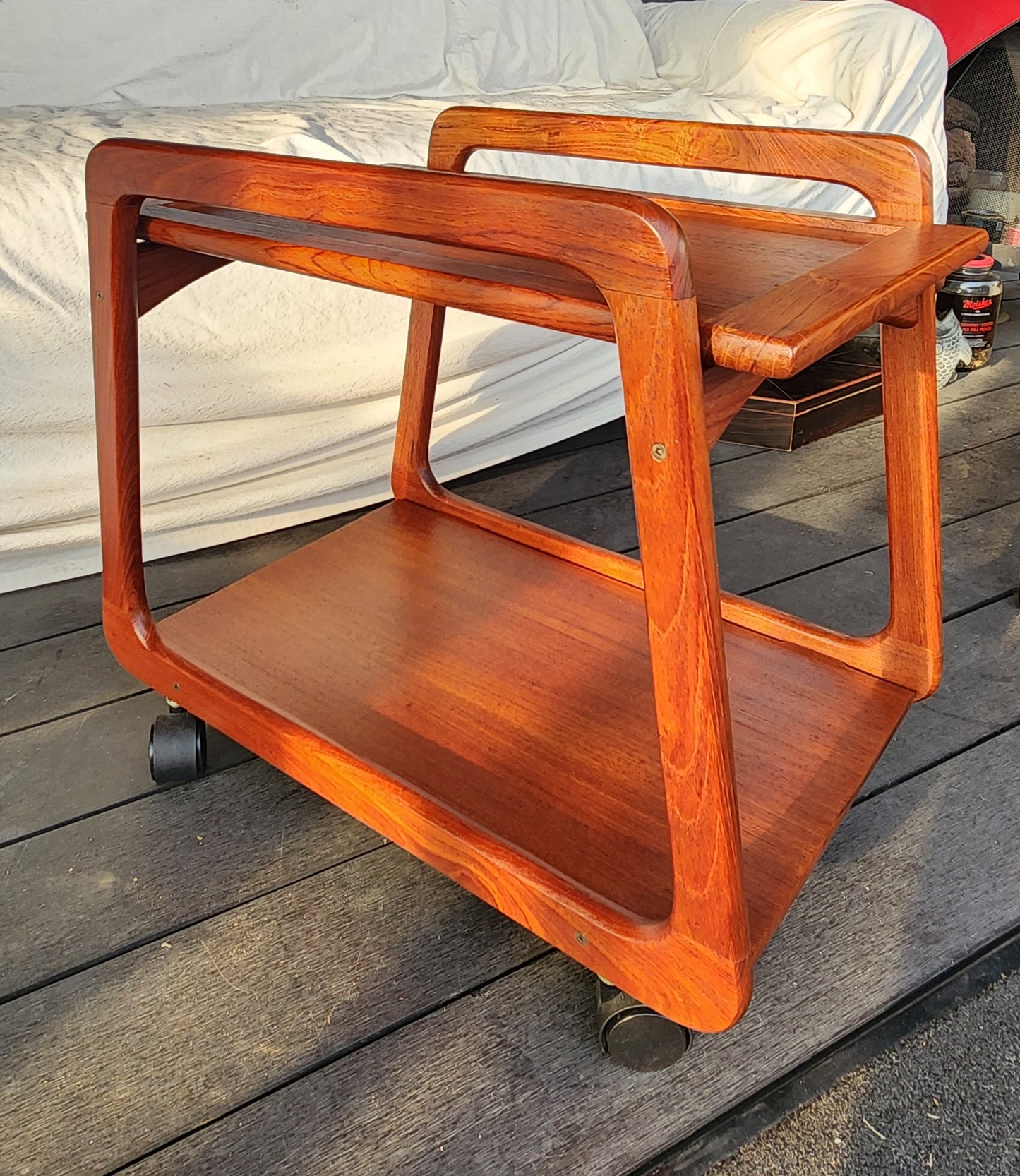 REFINISHED Danish Mid Century Modern Teak Reversible Tray Top Bar Cart by Sika Mobler