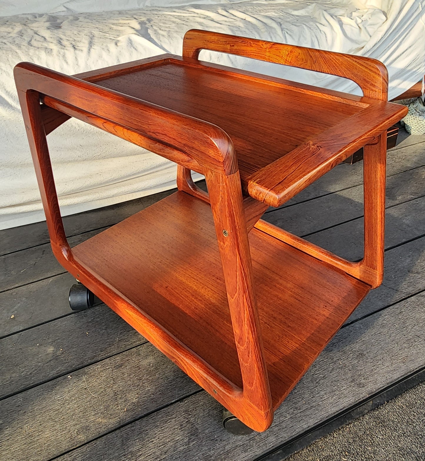 REFINISHED Danish Mid Century Modern Teak Reversible Tray Top Bar Cart by Sika Mobler