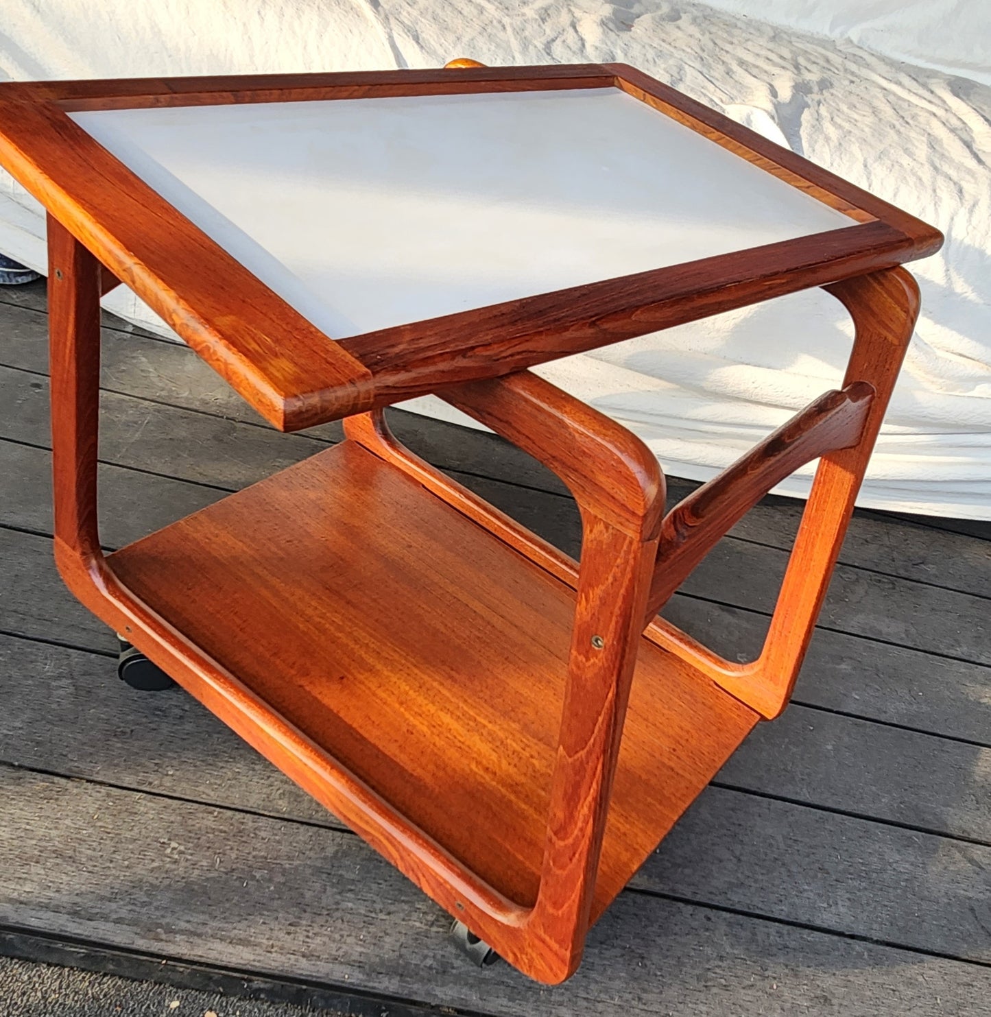 REFINISHED Danish Mid Century Modern Teak Reversible Tray Top Bar Cart by Sika Mobler