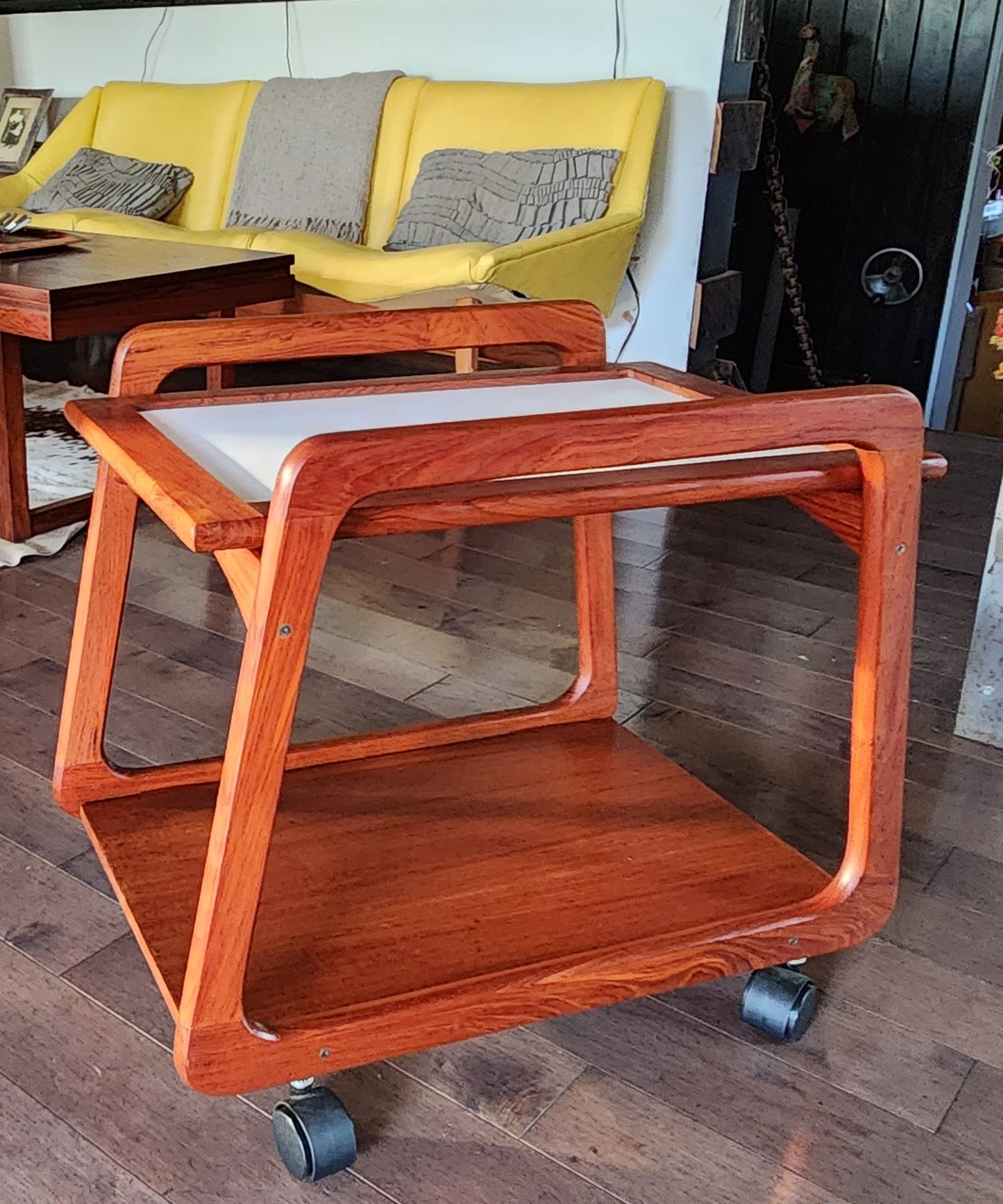 REFINISHED Danish Mid Century Modern Teak Reversible Tray Top Bar Cart by Sika Mobler