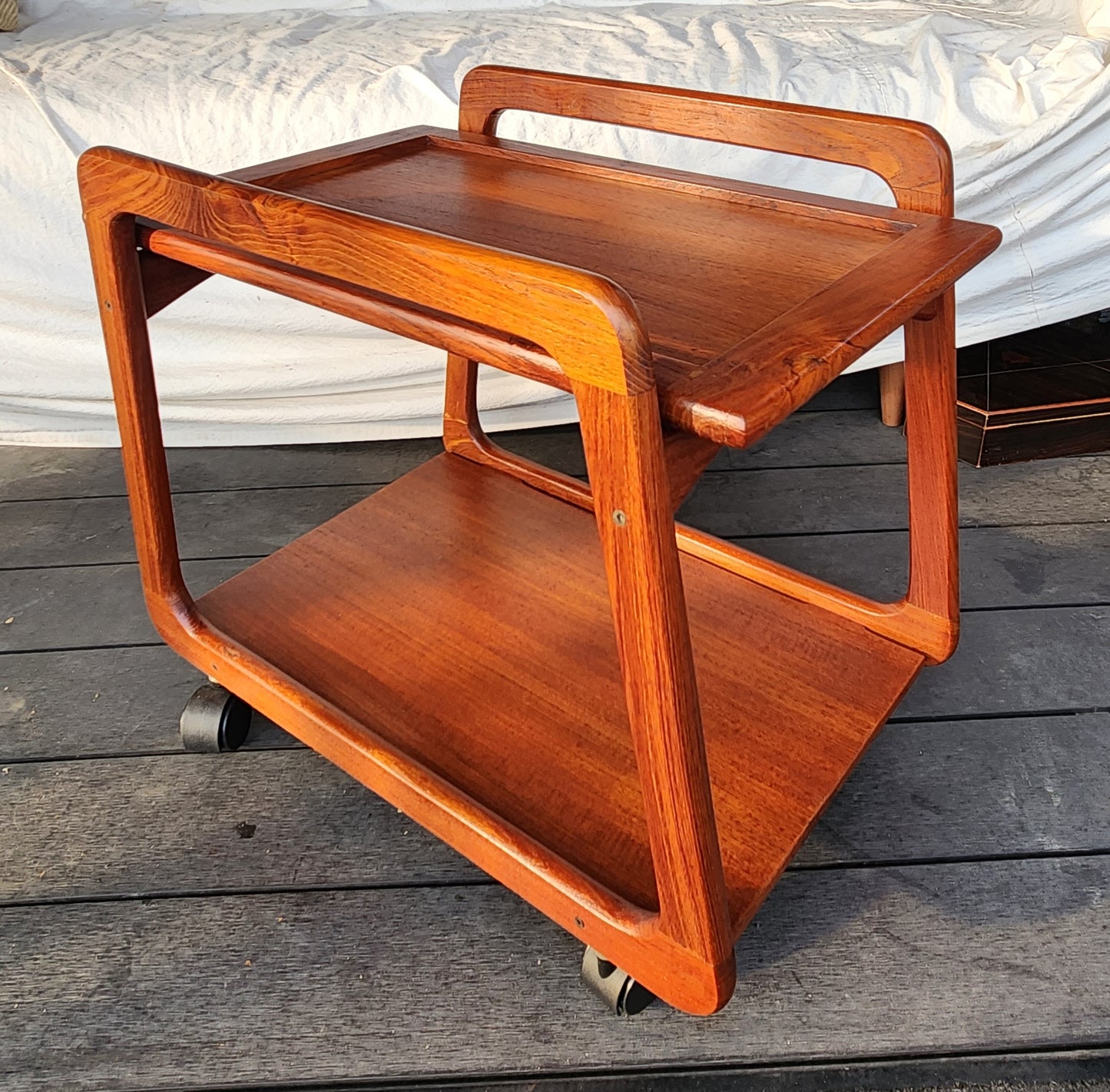 REFINISHED Danish Mid Century Modern Teak Reversible Tray Top Bar Cart by Sika Mobler