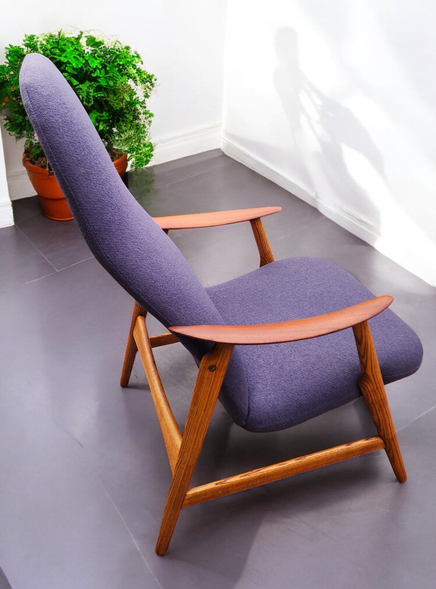 REFINISHED & REUPHOLSTERED in grey Danish MCM Teak Recliner by Arne Vodder