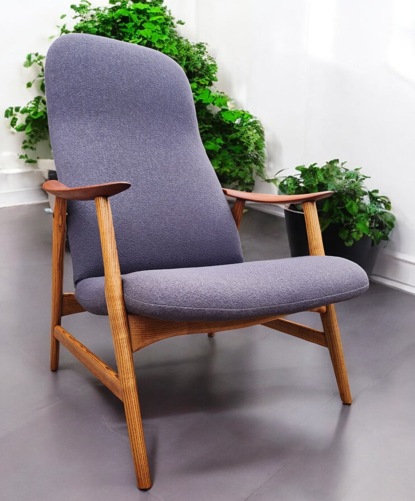 REFINISHED & REUPHOLSTERED in grey Danish MCM Teak Recliner by Arne Vodder