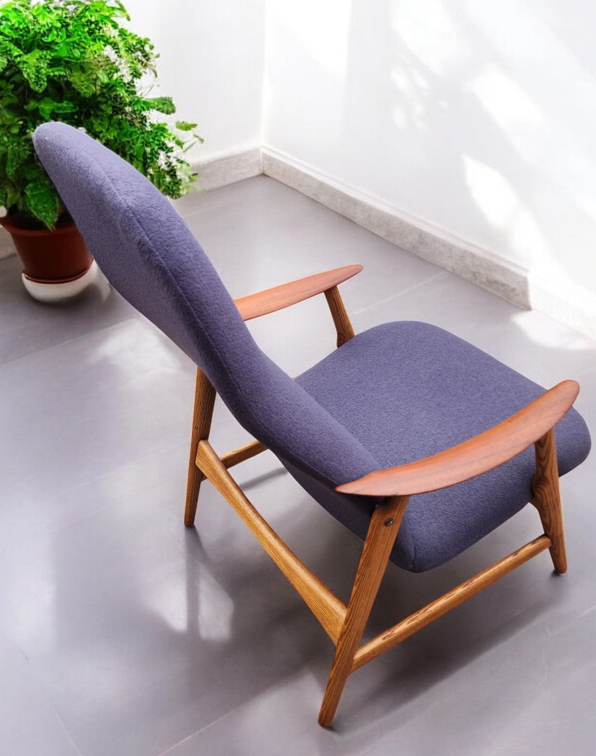 REFINISHED & REUPHOLSTERED in grey Danish MCM Teak Recliner by Arne Vodder