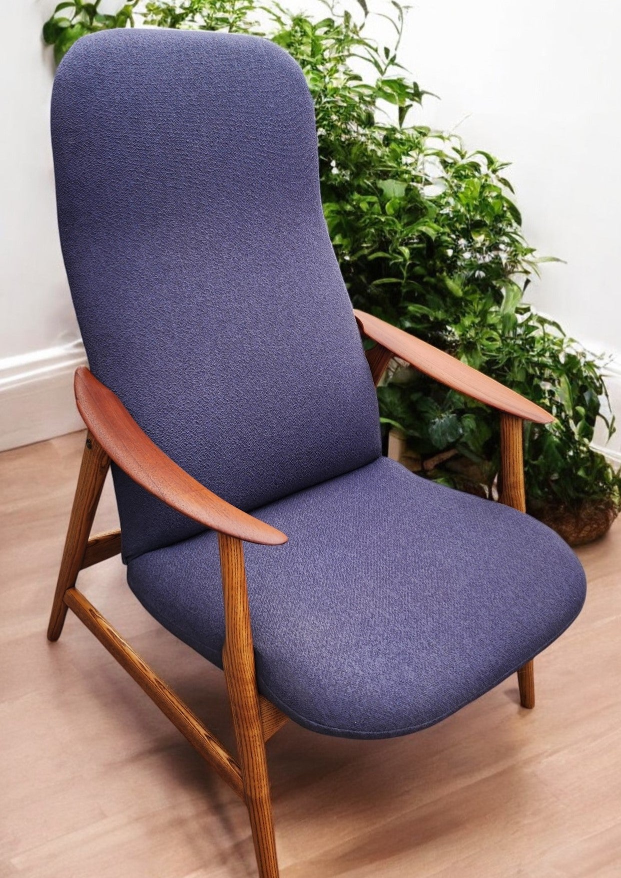 REFINISHED & REUPHOLSTERED in grey Danish MCM Teak Recliner by Arne Vodder