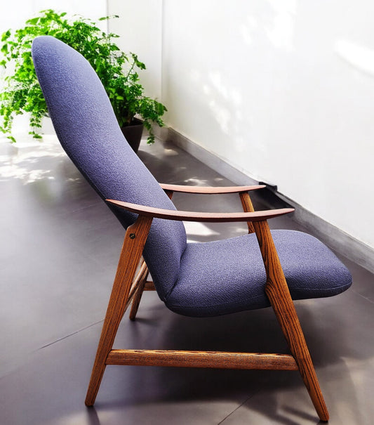 REFINISHED & REUPHOLSTERED in grey Danish MCM Teak Recliner by Arne Vodder