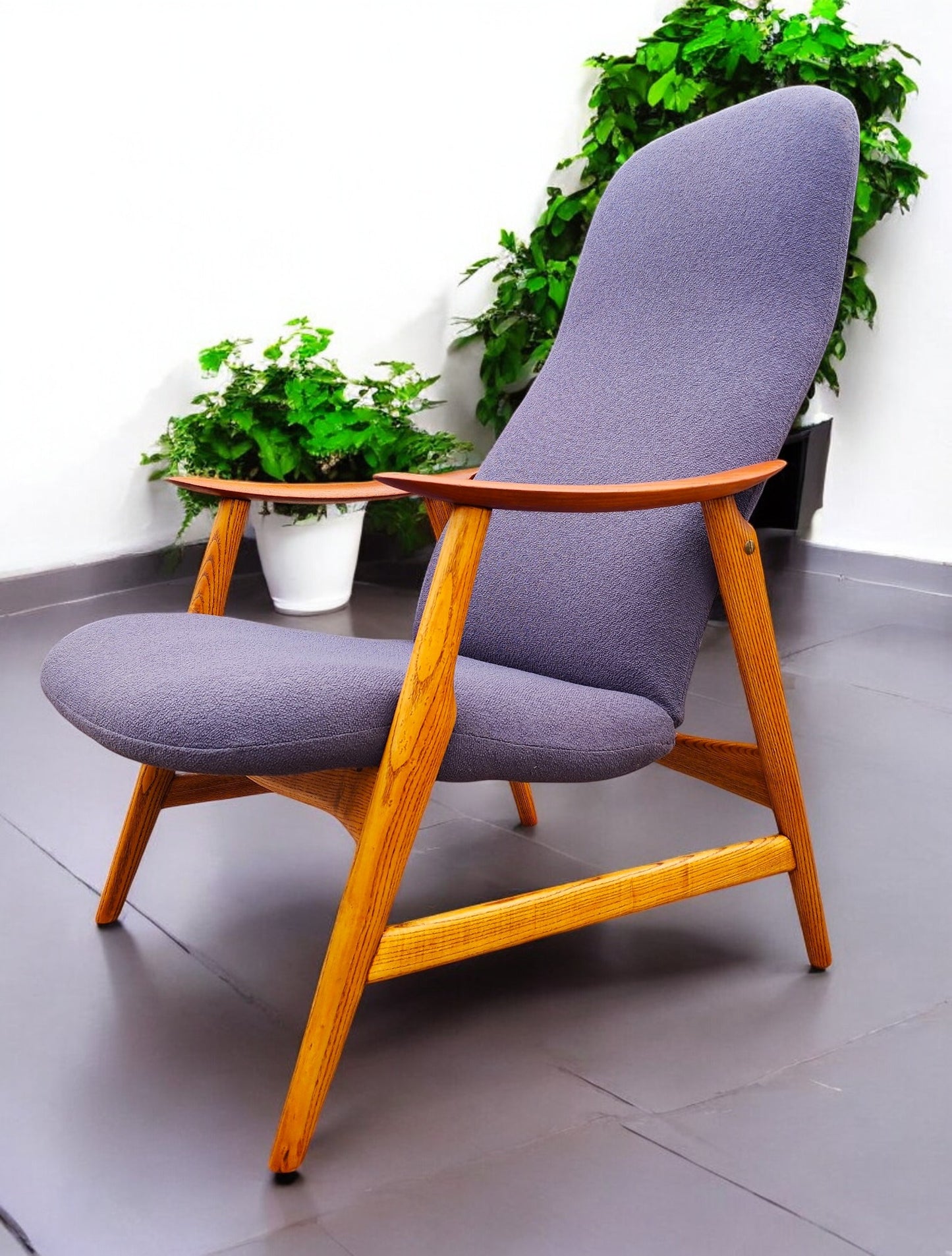REFINISHED & REUPHOLSTERED in grey Danish MCM Teak Recliner by Arne Vodder
