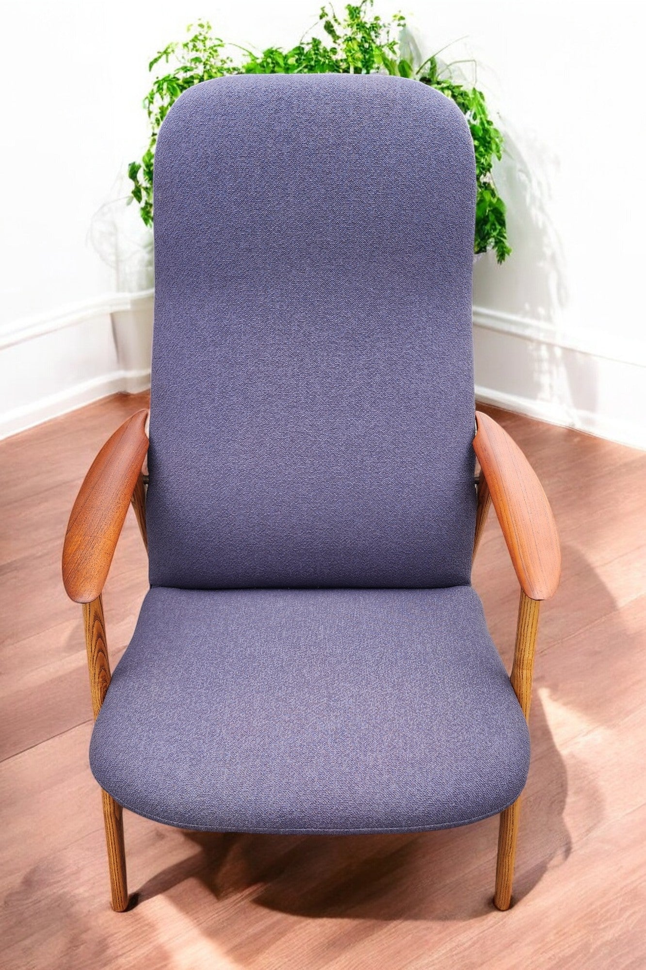 REFINISHED & REUPHOLSTERED in grey Danish MCM Teak Recliner by Arne Vodder
