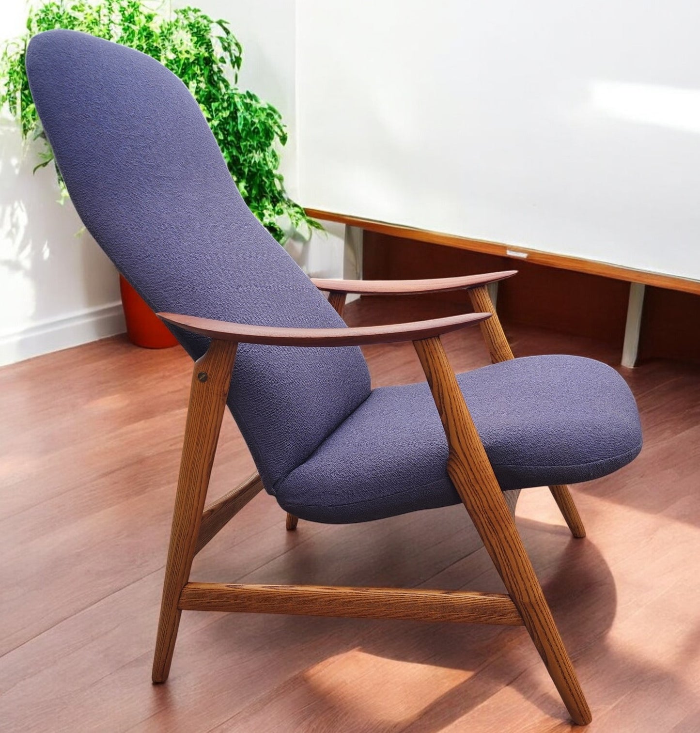 REFINISHED & REUPHOLSTERED in grey Danish MCM Teak Recliner by Arne Vodder