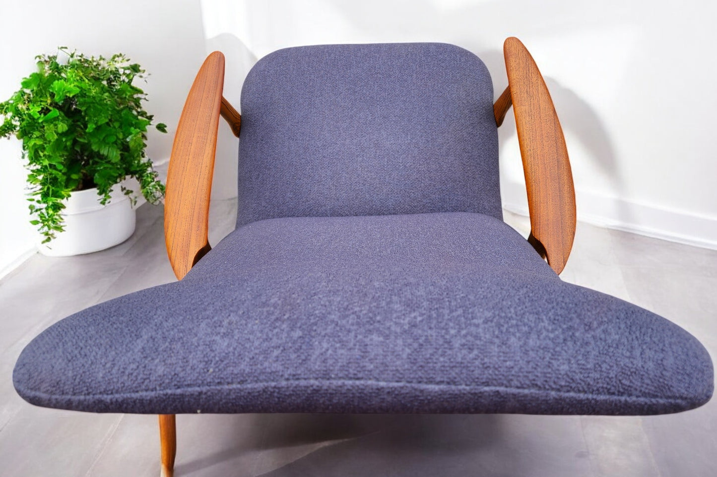 REFINISHED & REUPHOLSTERED in grey Danish MCM Teak Recliner by Arne Vodder