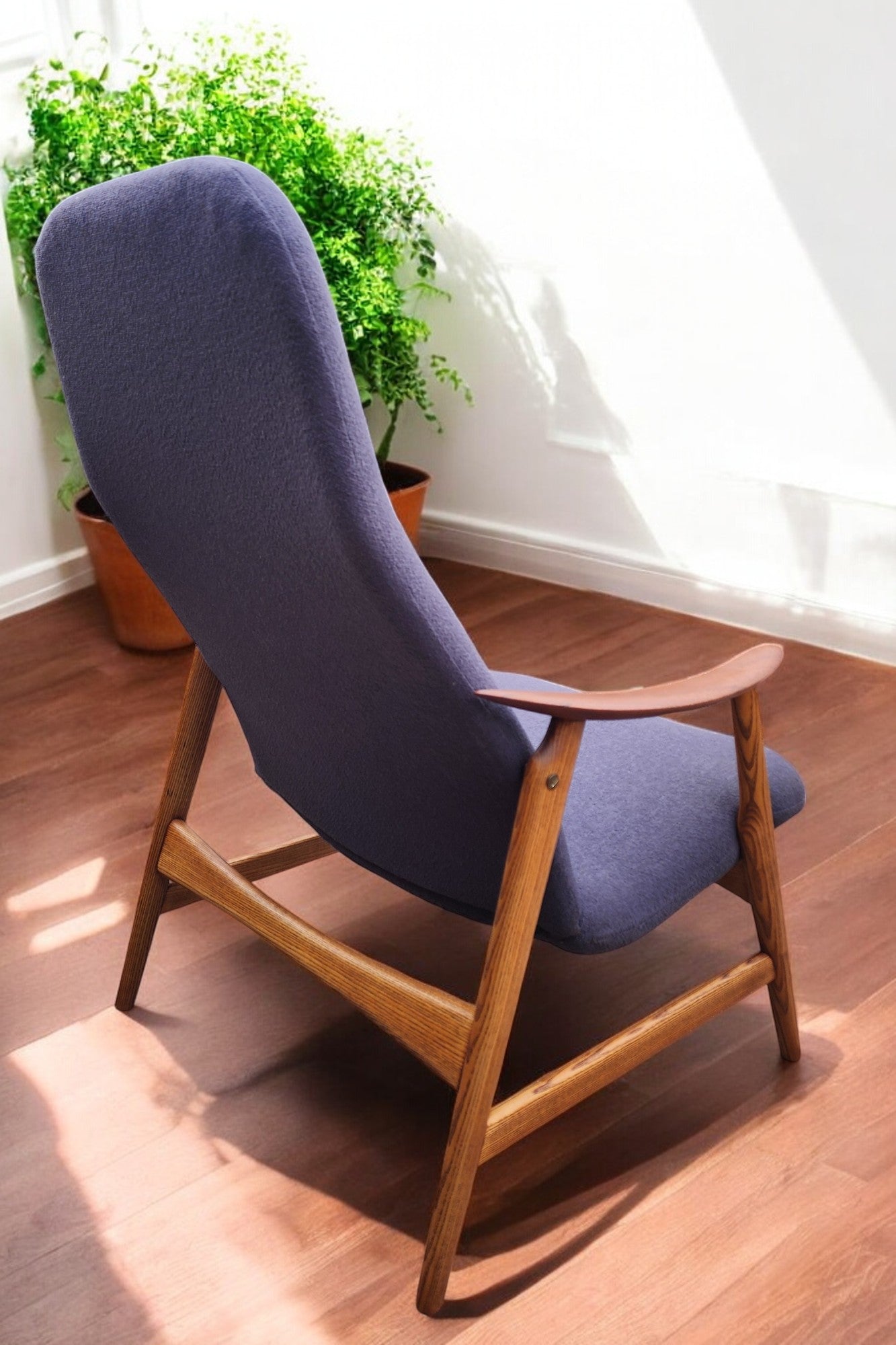REFINISHED & REUPHOLSTERED in grey Danish MCM Teak Recliner by Arne Vodder