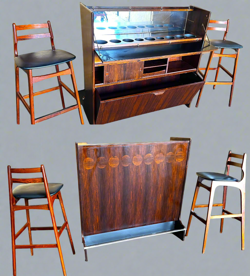 Danish Mid Century Modern Rosewood Bar by J.Andersen & 2 Chairs by E.Buch