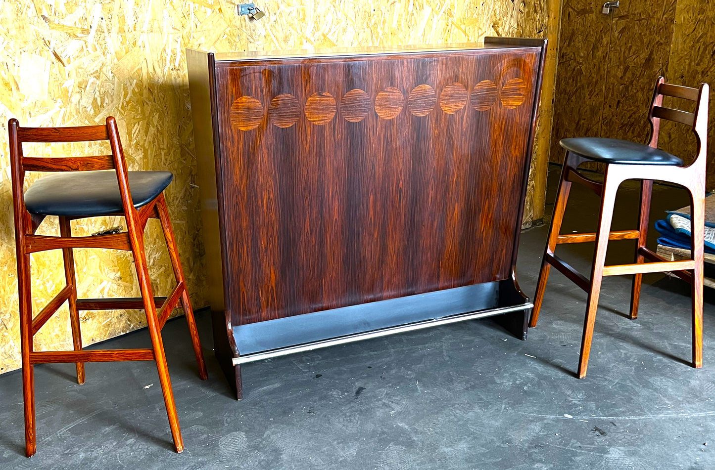 Danish Mid Century Modern Rosewood Bar by J.Andersen & 2 Chairs by E.Buch