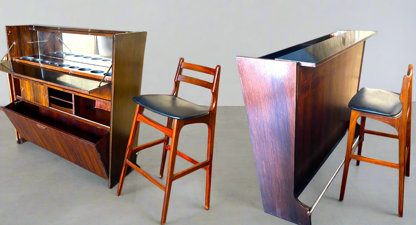 Danish Mid Century Modern Rosewood Bar by J.Andersen & 2 Chairs by E.Buch