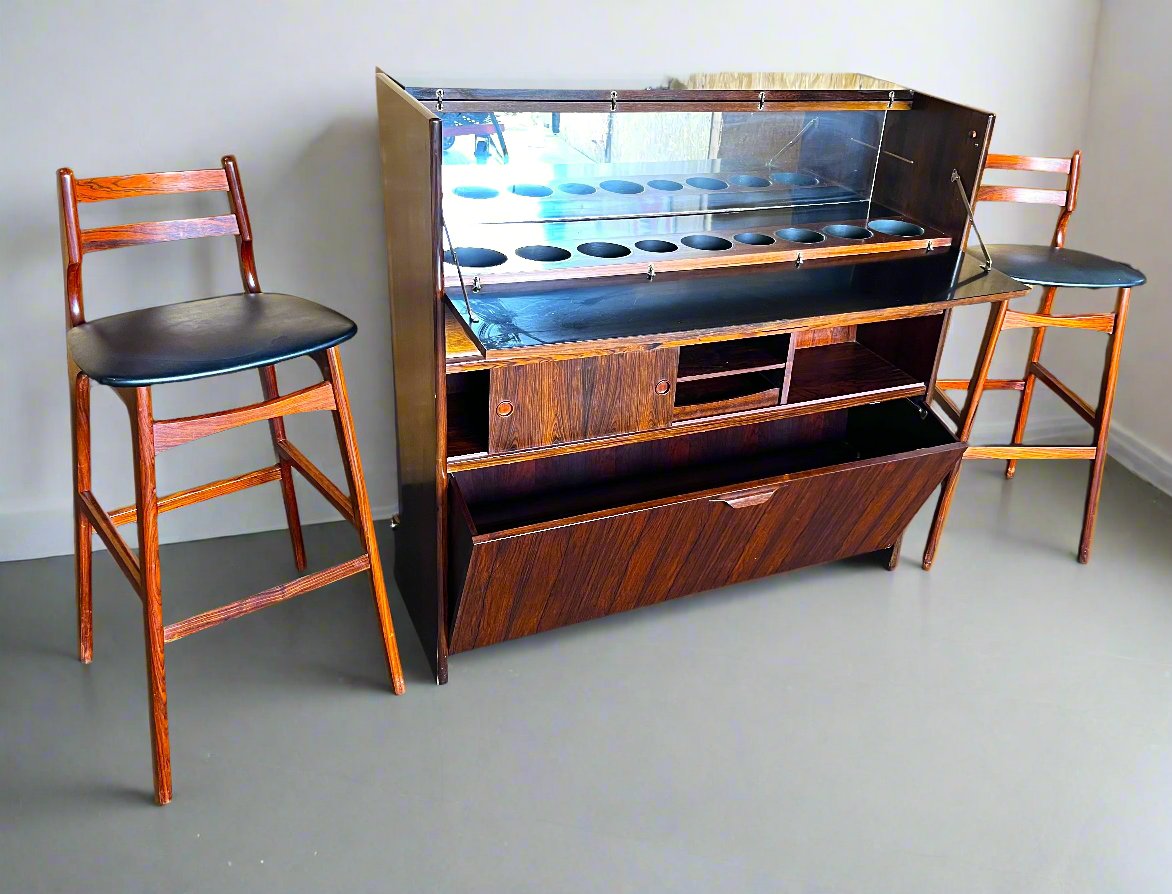 Danish Mid Century Modern Rosewood Bar by J.Andersen & 2 Chairs by E.Buch