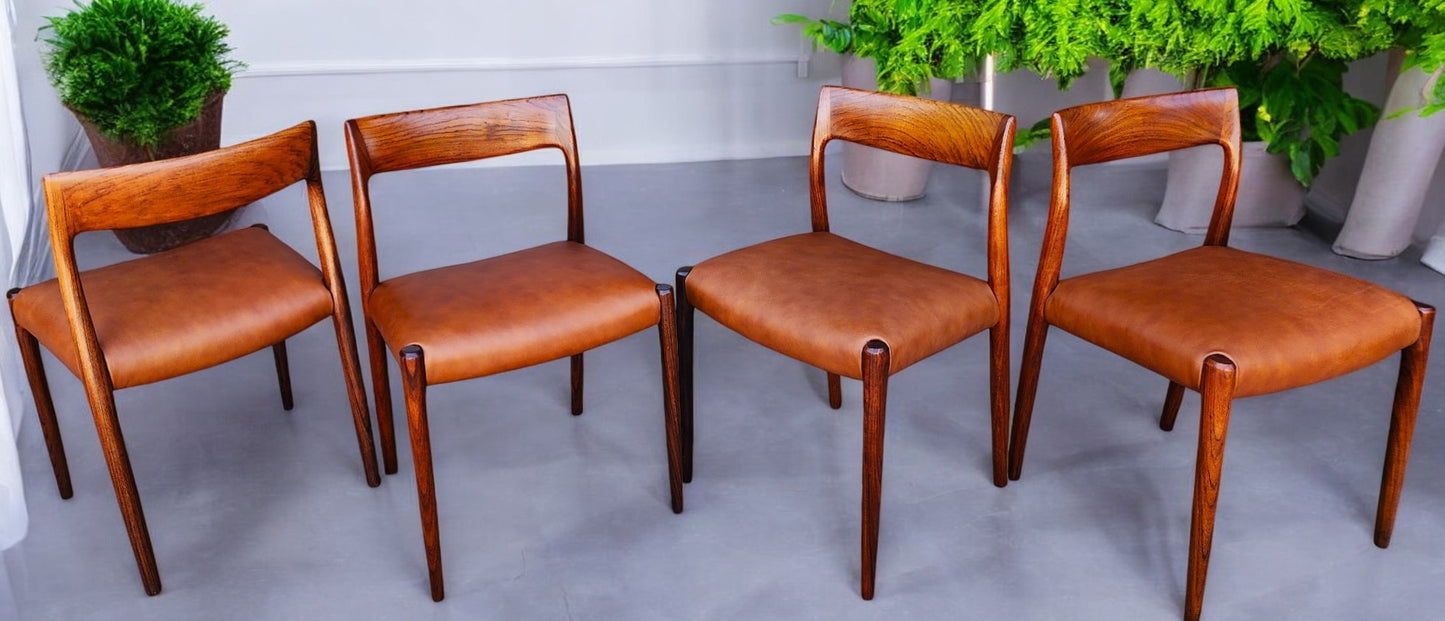 4 Danish MCM Rosewood & Leather Chairs by N.Moller #77