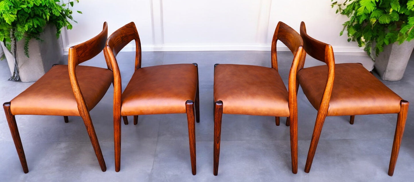 4 Danish MCM Rosewood & Leather Chairs by N.Moller #77
