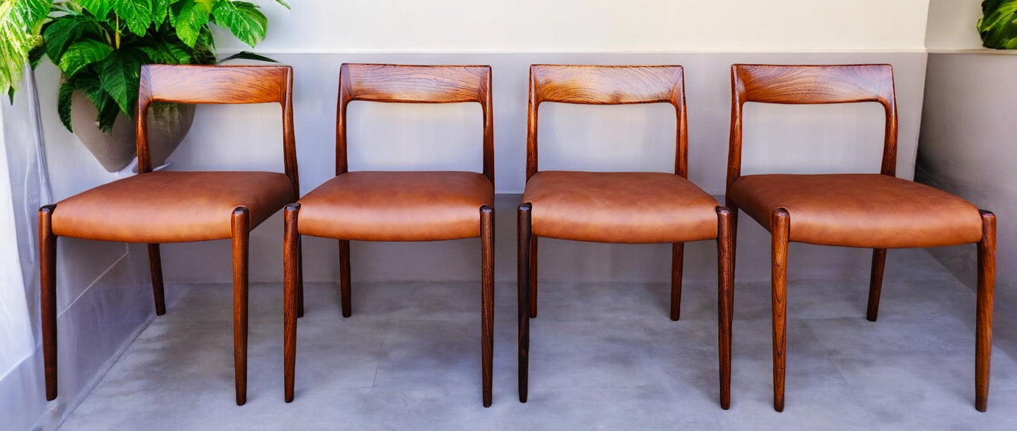 4 Danish MCM Rosewood & Leather Chairs by N.Moller #77