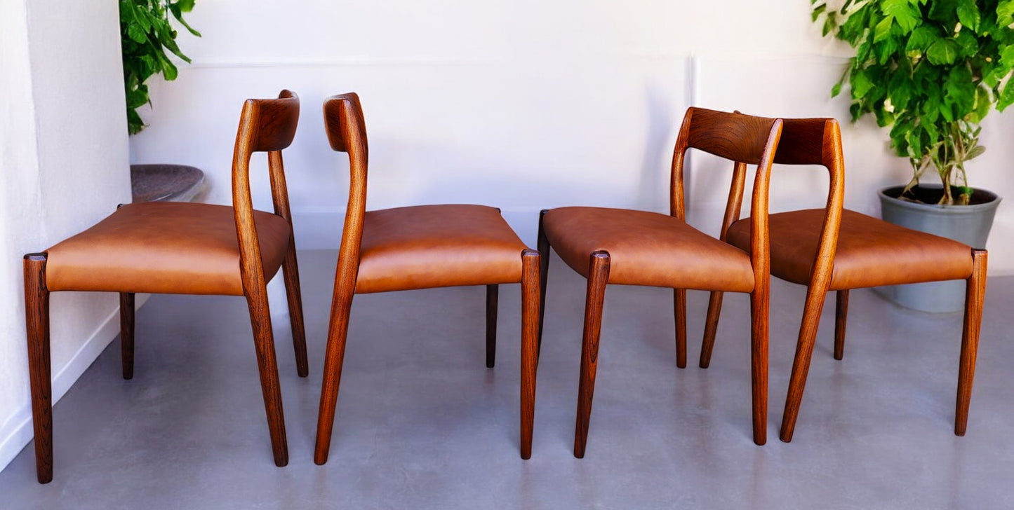 4 Danish MCM Rosewood & Leather Chairs by N.Moller #77