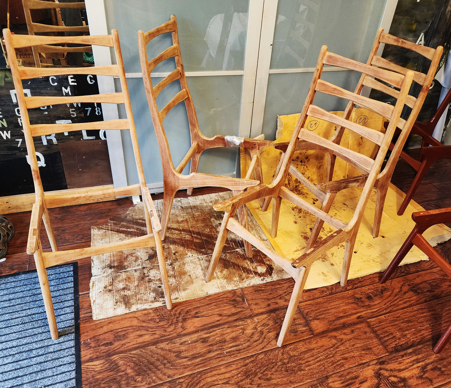 4 REUPHOLSTERED & REFINISHED Danish Mid Century Modern Teak Ladderback Chairs