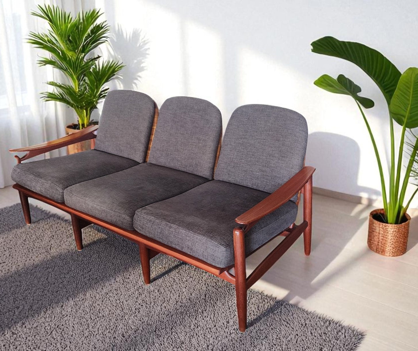 RESTORED Danish Mid Century Modern Teak & Cane Sofa