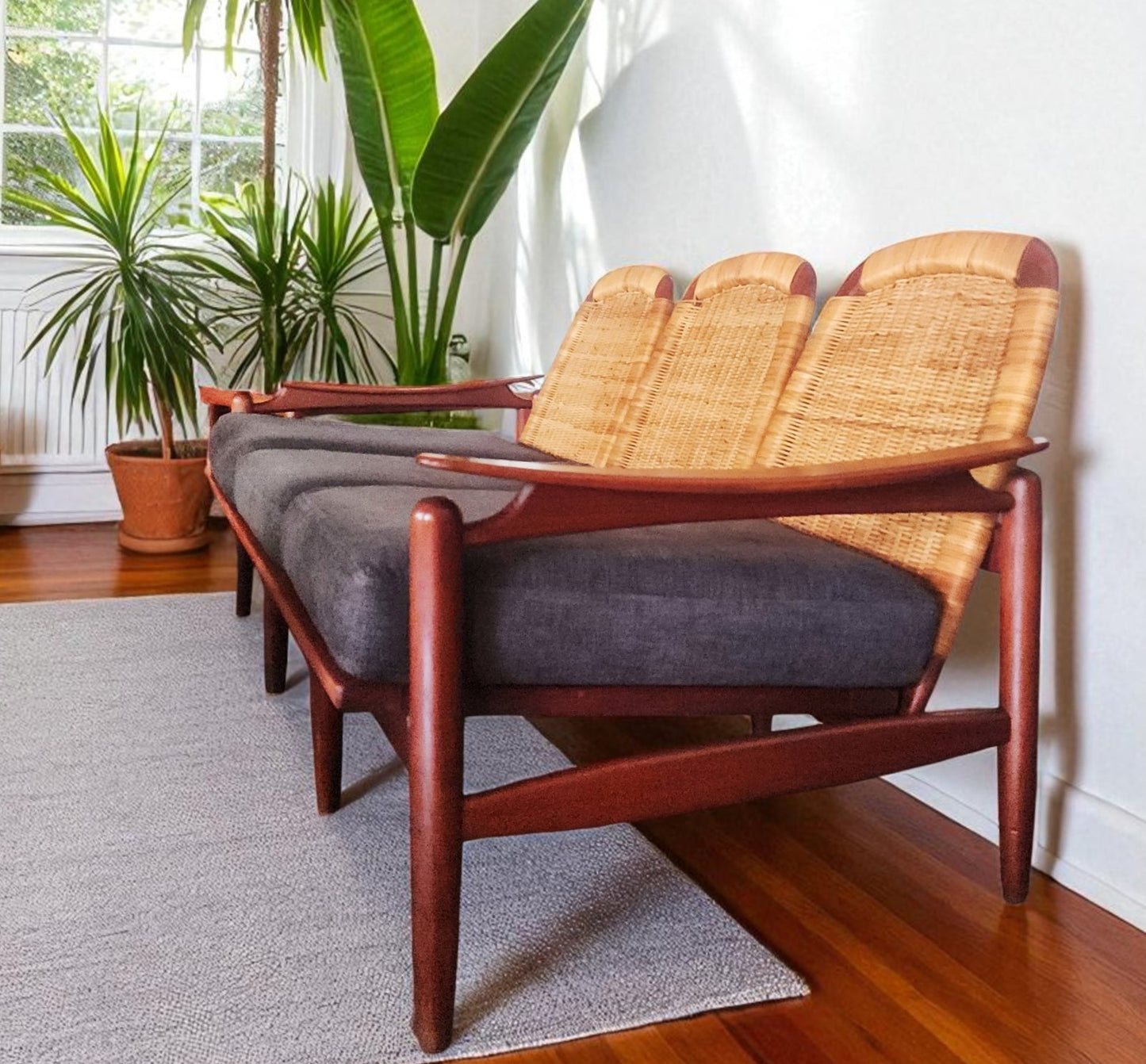 RESTORED Danish Mid Century Modern Teak & Cane Sofa