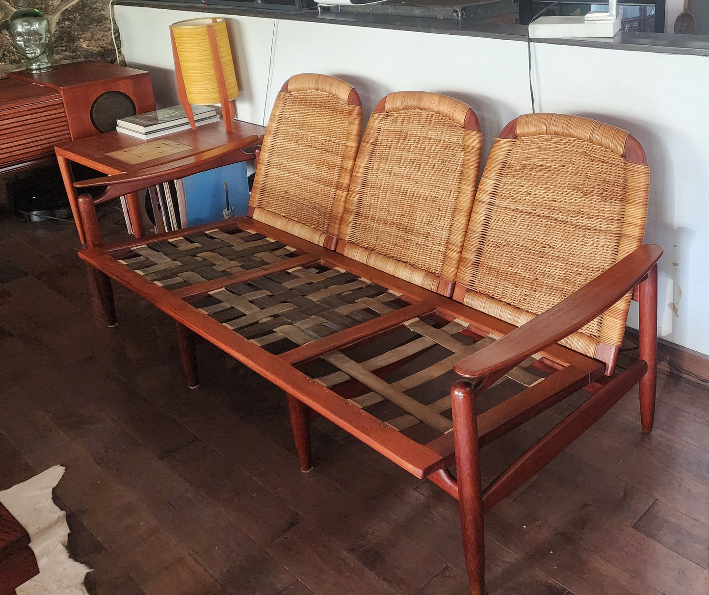 RESTORED Danish Mid Century Modern Teak & Cane Sofa