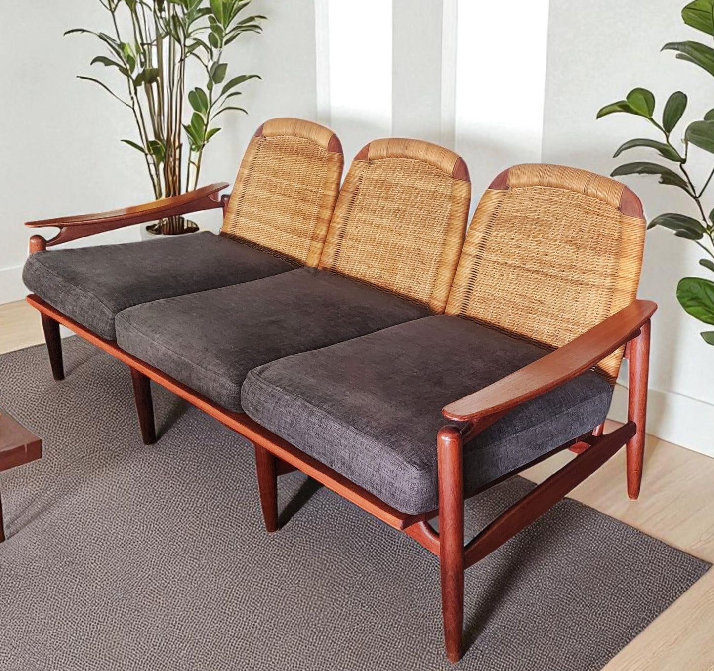 RESTORED Danish Mid Century Modern Teak & Cane Sofa