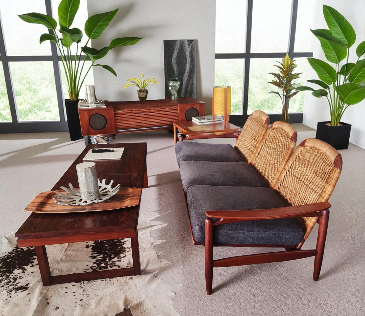 RESTORED Danish Mid Century Modern Teak & Cane Sofa