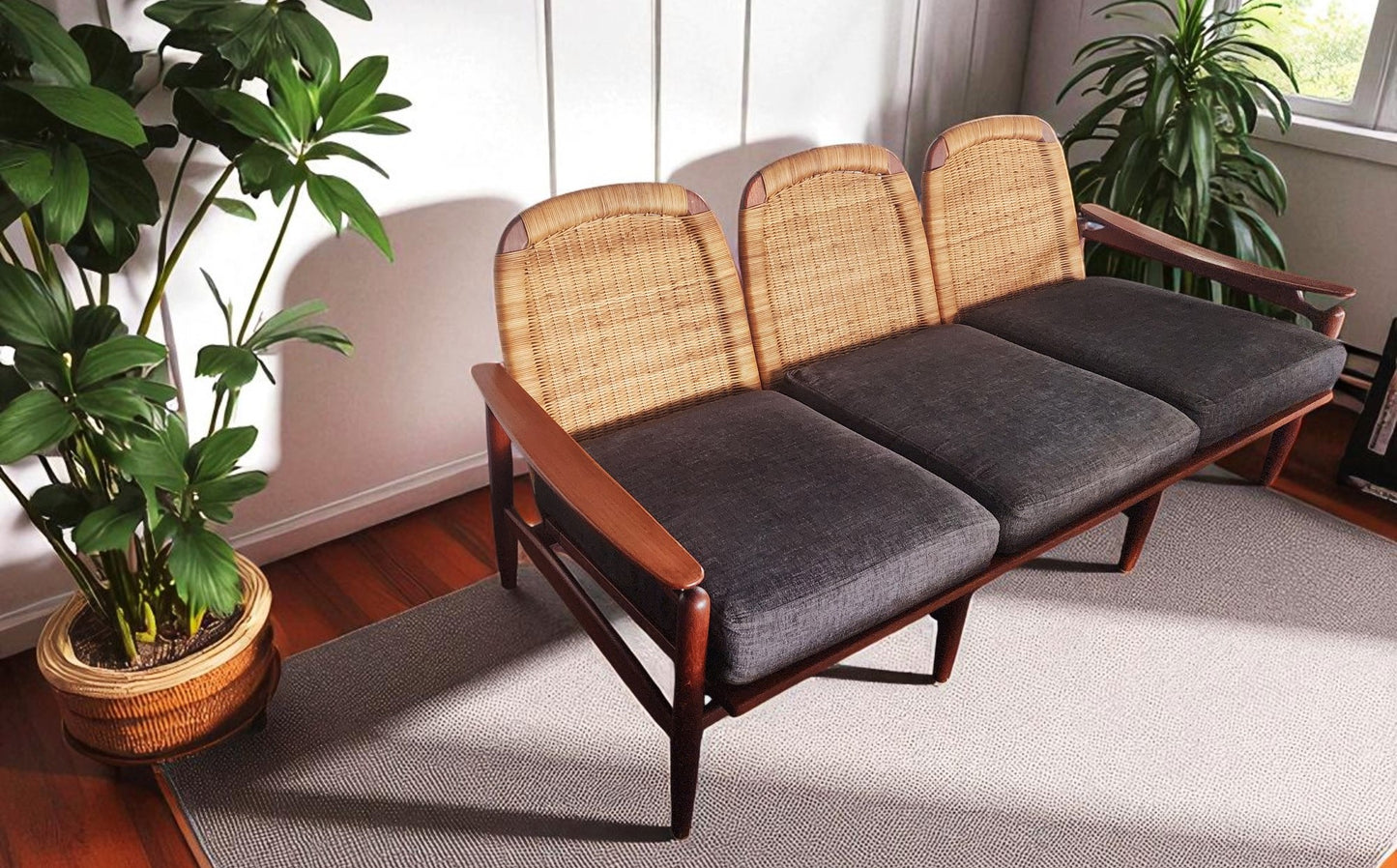 RESTORED Danish Mid Century Modern Teak & Cane Sofa