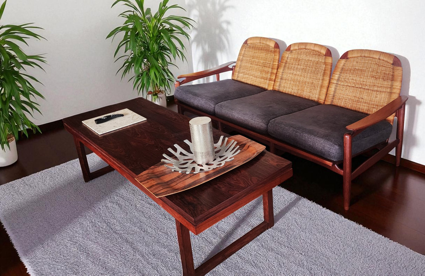 RESTORED Danish Mid Century Modern Teak & Cane Sofa