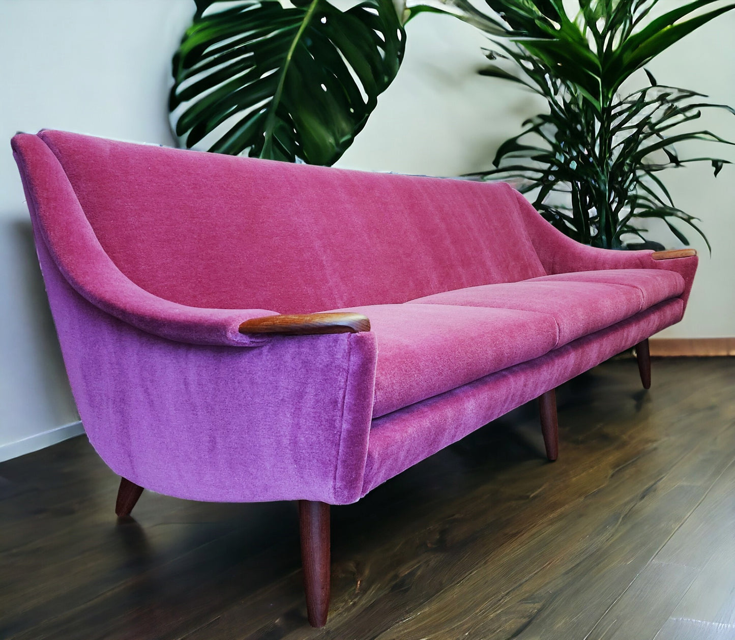 REFINISHED REUPHOLSTERED in Wool Mohair Danish Mid Century Modern Teak Sofa 93"