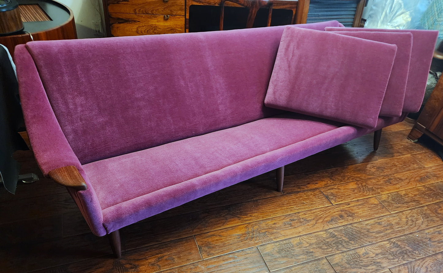 REFINISHED REUPHOLSTERED in Wool Mohair Danish Mid Century Modern Teak Sofa 93"