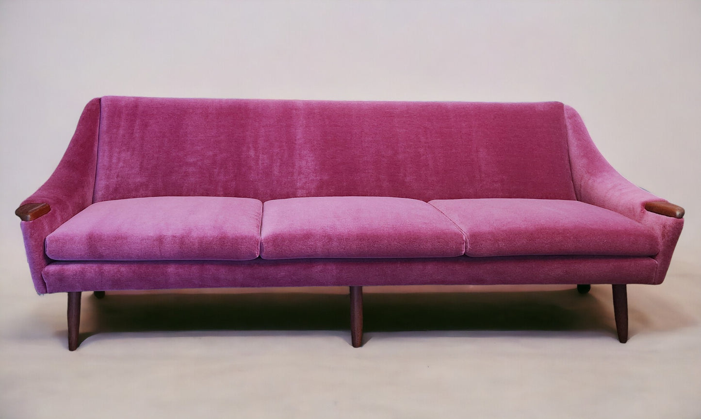 REFINISHED REUPHOLSTERED in Wool Mohair Danish Mid Century Modern Teak Sofa 93"