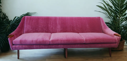 REFINISHED REUPHOLSTERED in Wool Mohair Danish Mid Century Modern Teak Sofa 93"