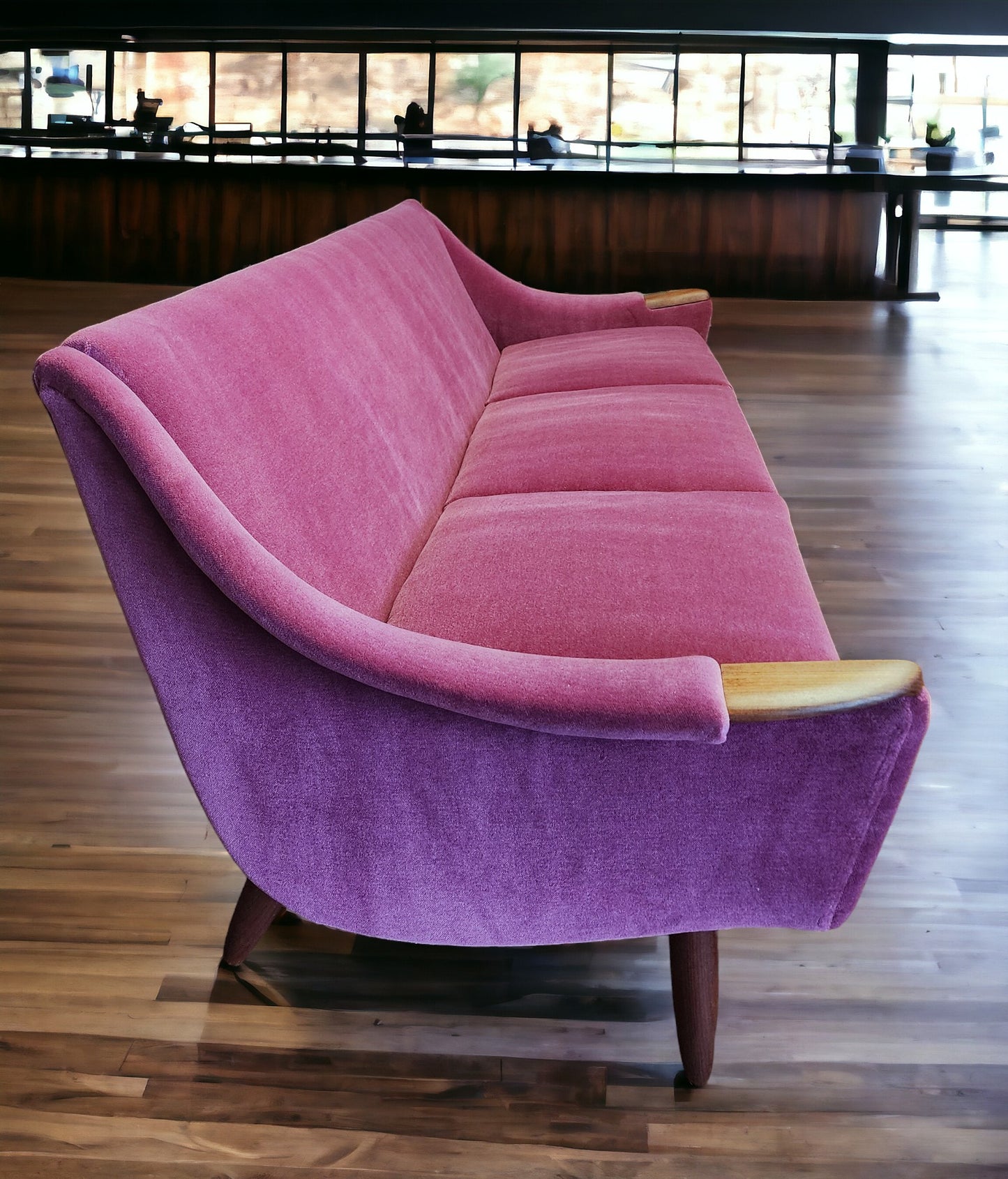 REFINISHED REUPHOLSTERED in Wool Mohair Danish Mid Century Modern Teak Sofa 93"